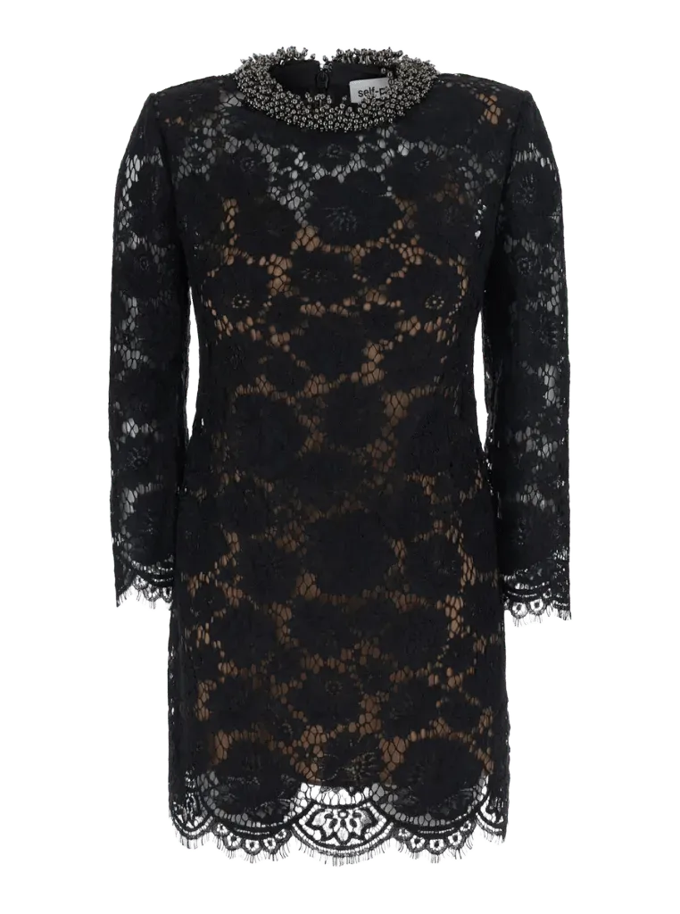 Self-Portrait Lace Sleeves Mini Dress — Black