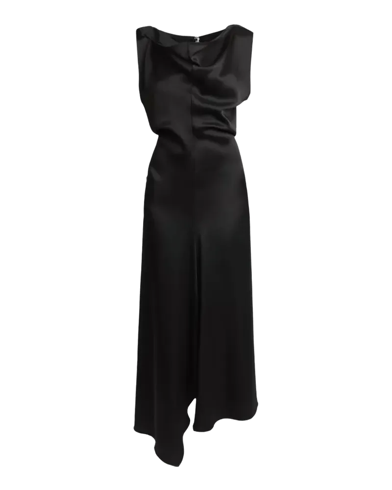Asymmetric Draped Sleeveless Satin Midi Dress