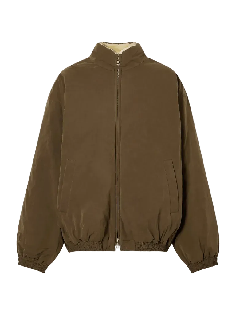 Reversible padded waxed-shell and shearling jacket