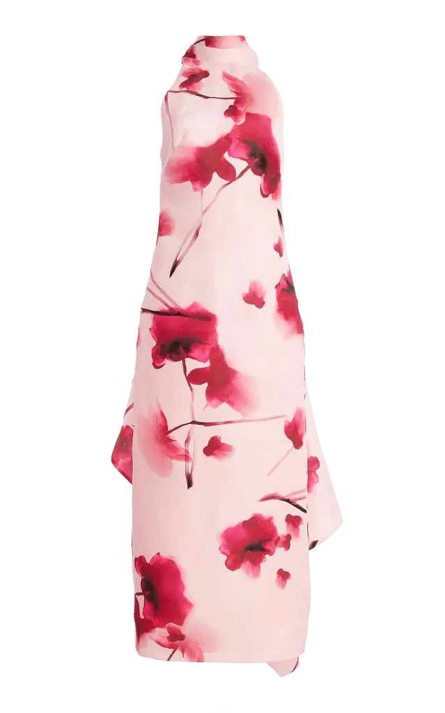 Silk Halter Neck Draped Midi Dress With Train