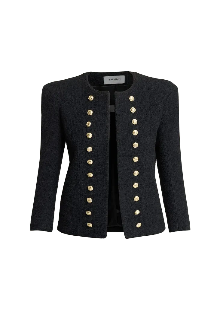 Balmain Collarless Tweed Fitted Jacket