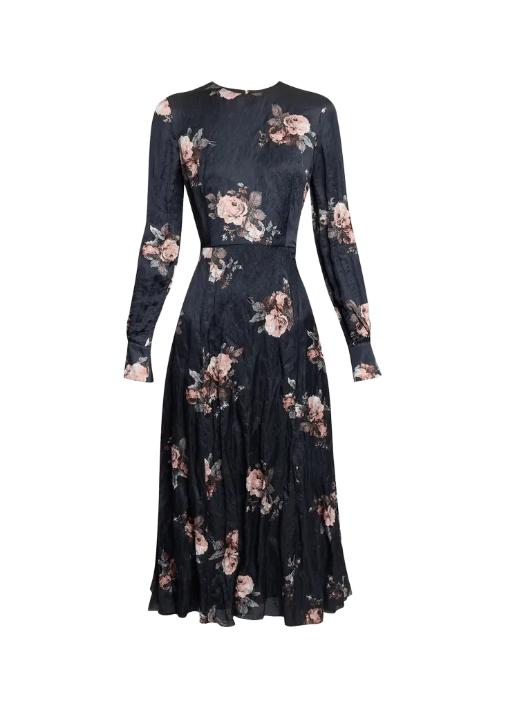 Erdem Floral Crushed Satin Crewneck Midi Dress
