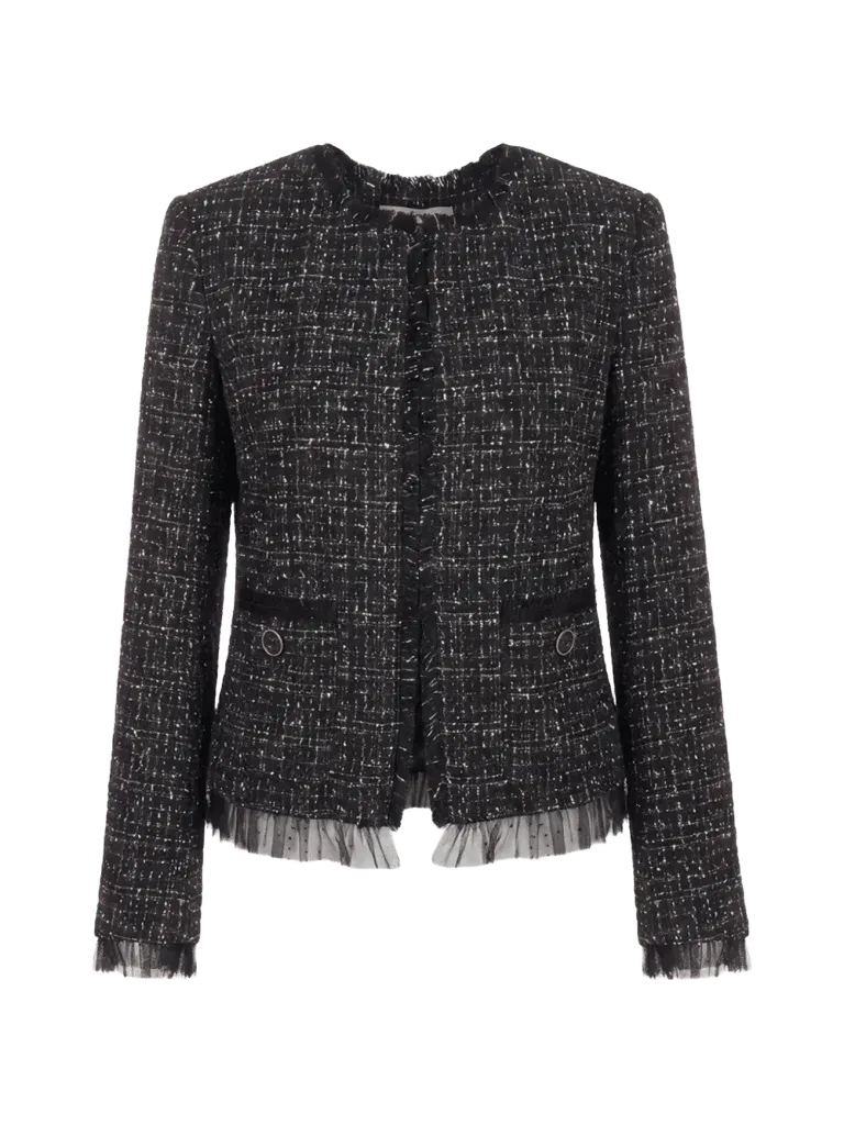 bouclé-knit tulle-trim jacket