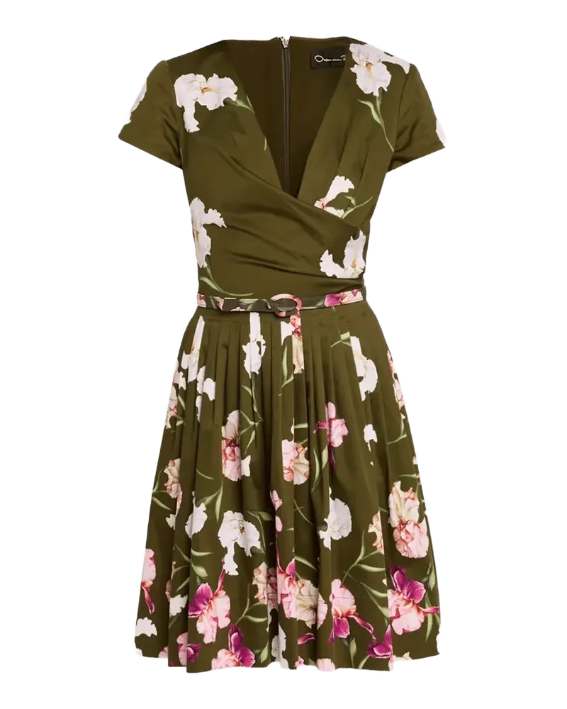 Iris-Print Short-Sleeve Pleated Mini Dress With Belt
