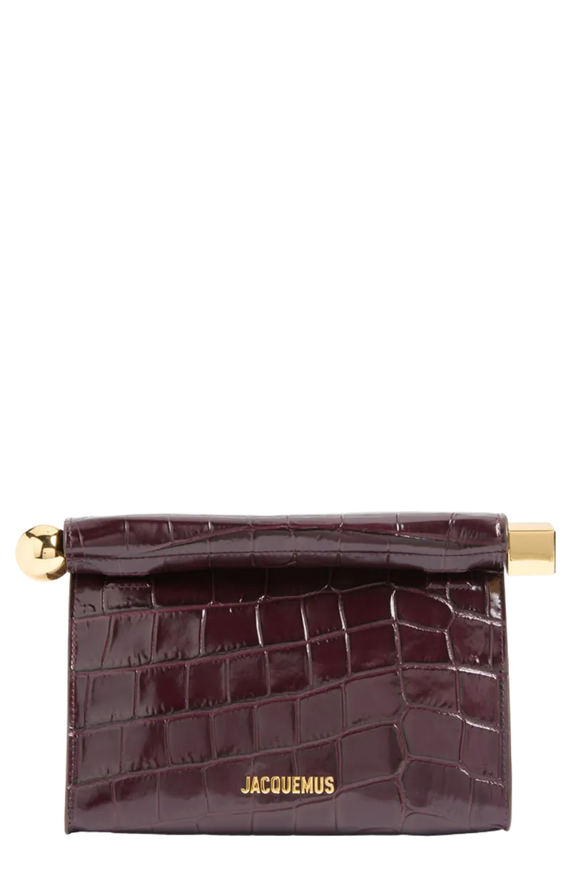 Le Sac Rond Carré Croc Embossed Leather Clutch
