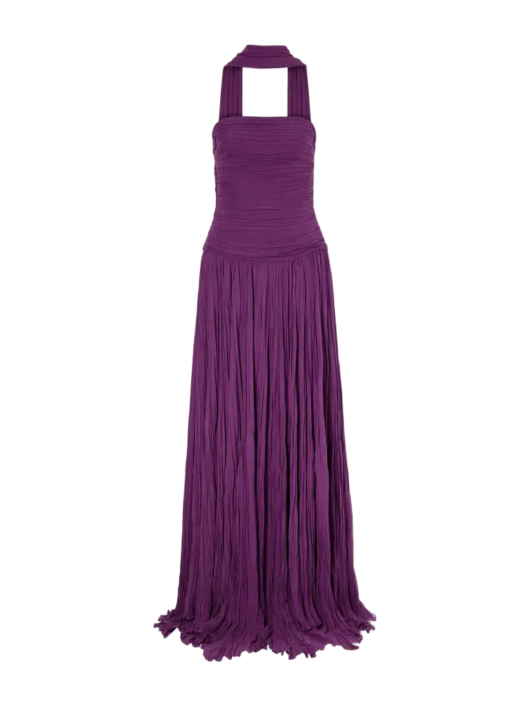 Cape-effect strapless ruched plissé crepe bustier gown