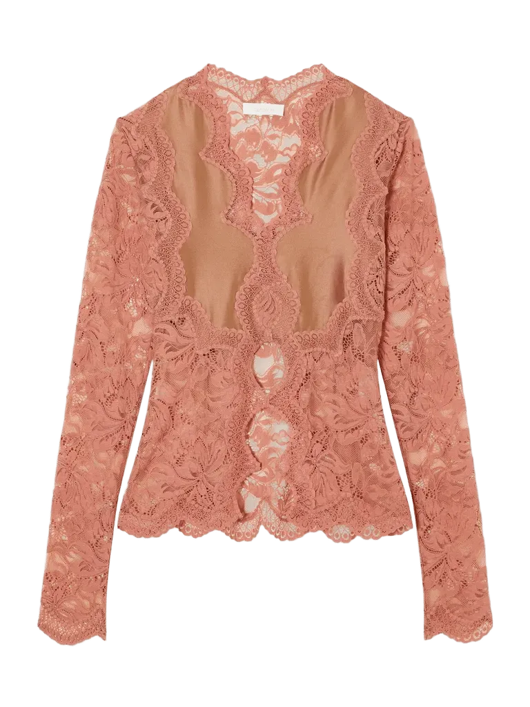 Lace-trimmed stretch-satin blouse