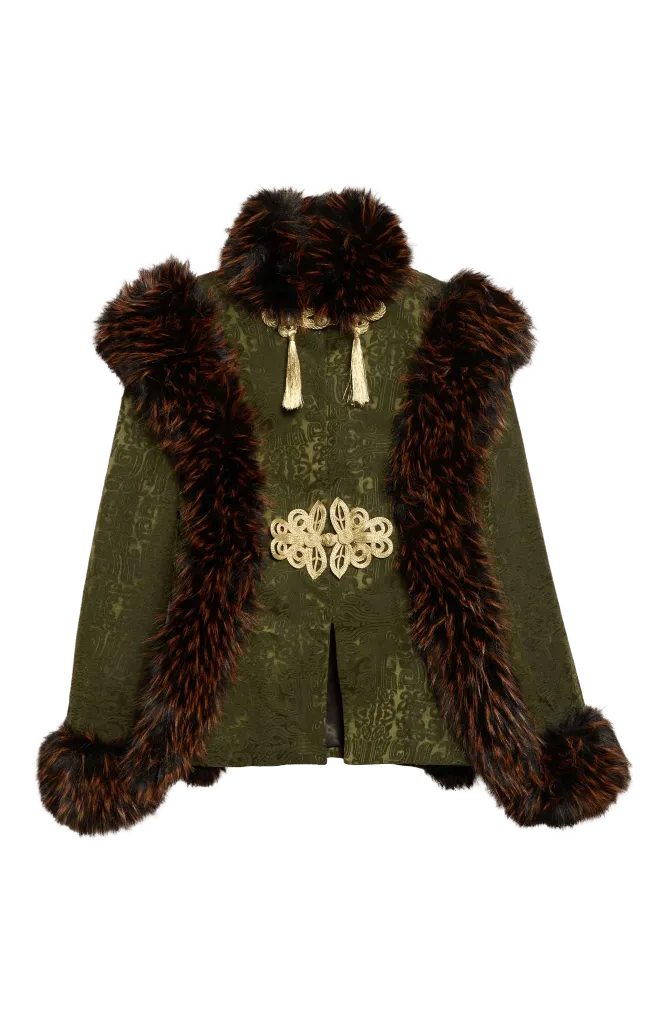 Faux Fur Trim Chinese Brocade Jacket