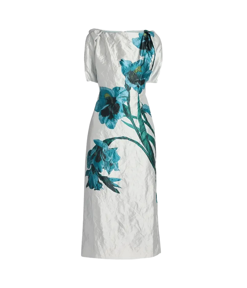 Floral Textured Satin Short Sleeve Midi Dress