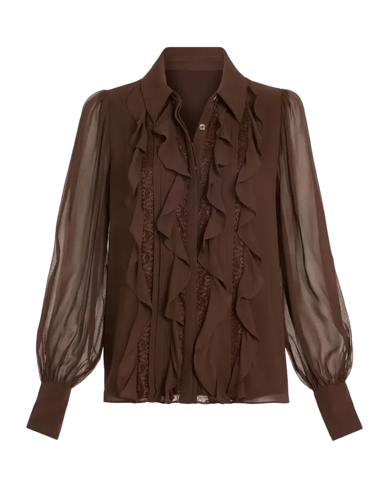 Claire Ruffle Blouson-Sleeve Silk Blouse
