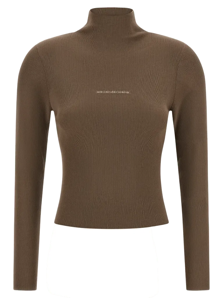 Alexander Wang Logo-Embroidered Ribbed Turtleneck — Brown