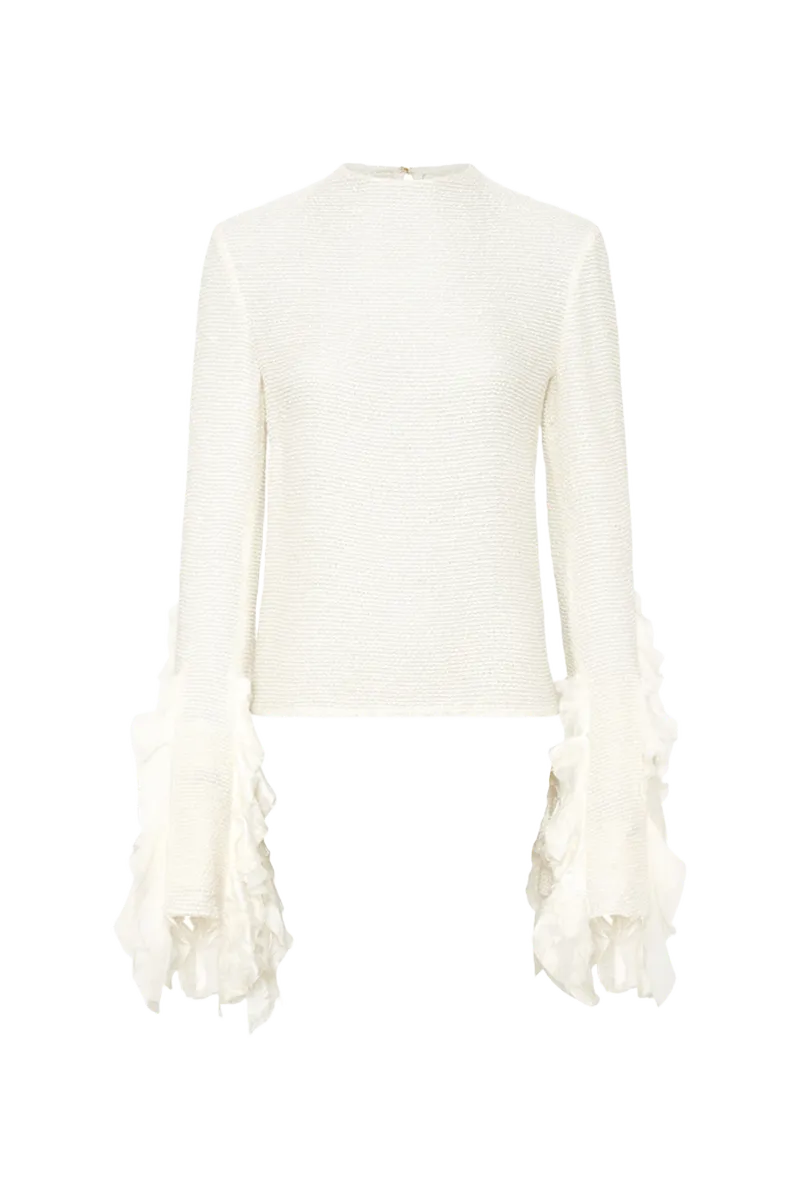 Fawcett Top in Ivory Silk Boucle with Custom Ruffles