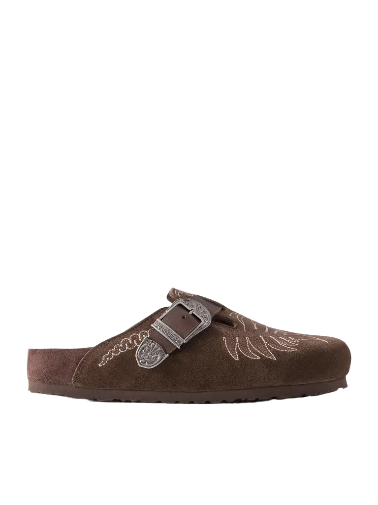 + Birkenstock Boston embroidered leather-trimmed suede mules