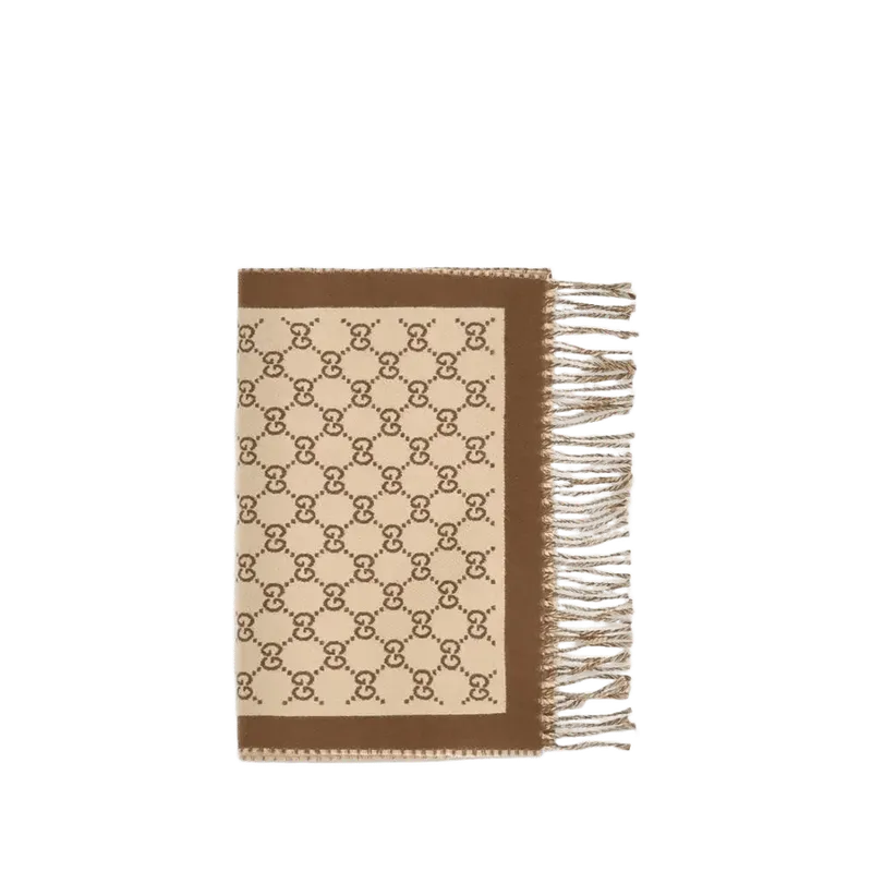Gucci GG Logo-Jacquard Merino Wool Scarf — Beige