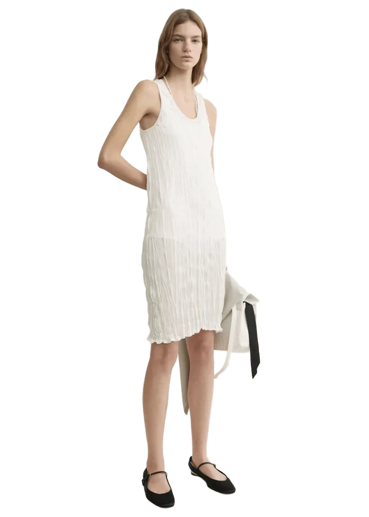 Crinkled knit tank dress white
