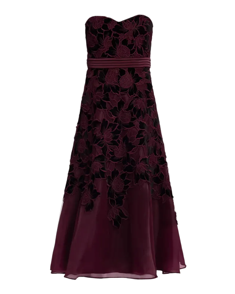 Floral Embroidered Strapless Cocktail Midi Dress