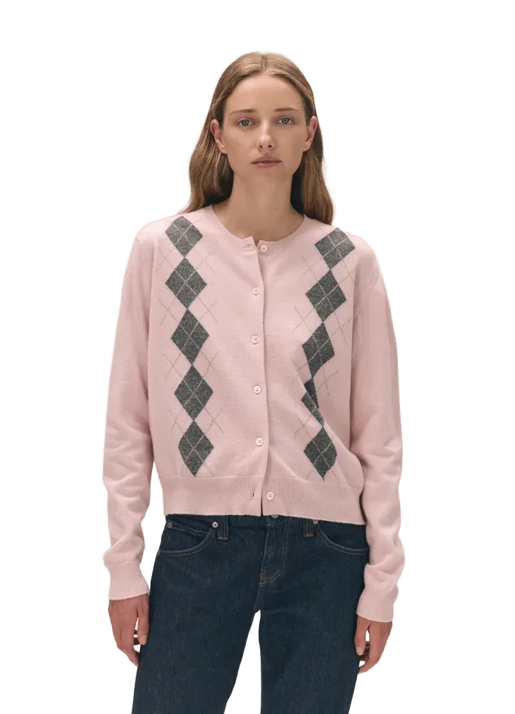Una Argyle Crewneck Cardigan in Pale Pink