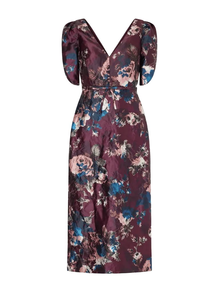Belted floral-print crinkled satin midi dress