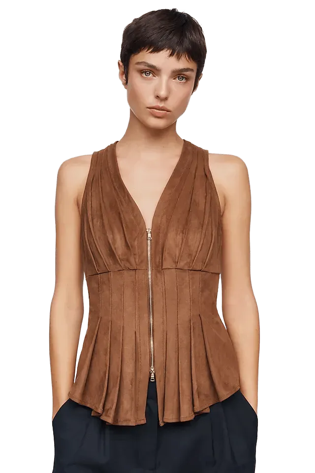 Maeve Viki Faux Suede Zip Front Waisted Top