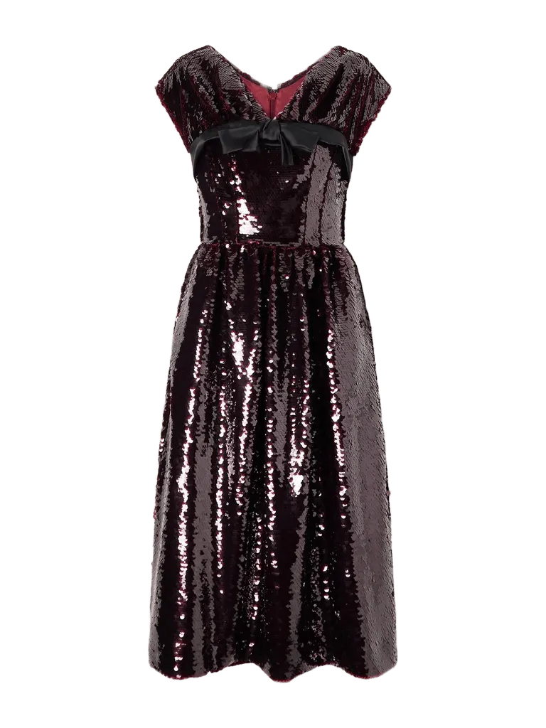 Gathered bow-detailed sequined midi dress