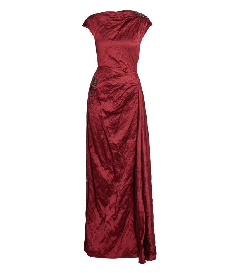 Embellished Textured Satin Draped Gown