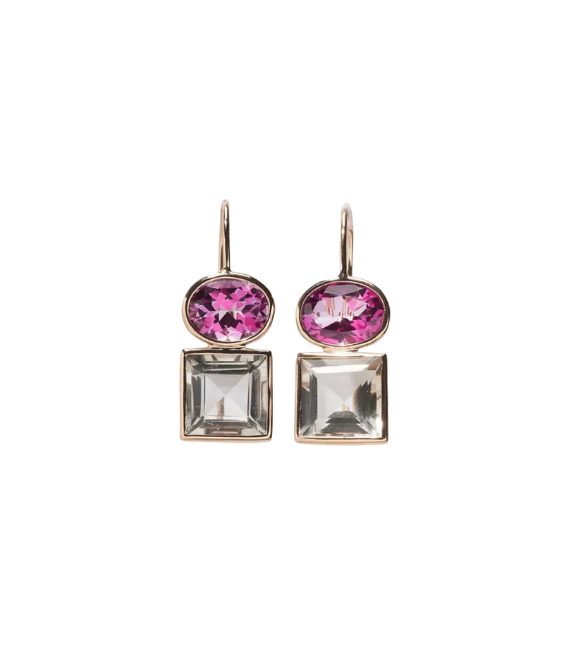 14k Gold Duo Earrings in Pink Topaz and Green Amethyst