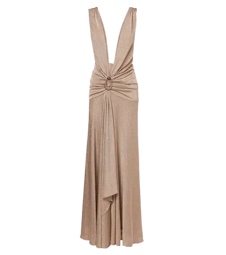 Embellished gathered jersey lamé gown