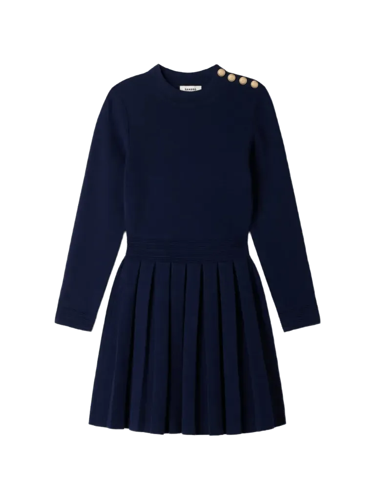 button-detail pleated knitted dress