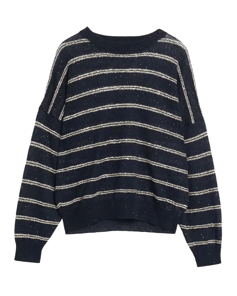 Linen Cotton Striped Knit Oversized Crewneck Sweater