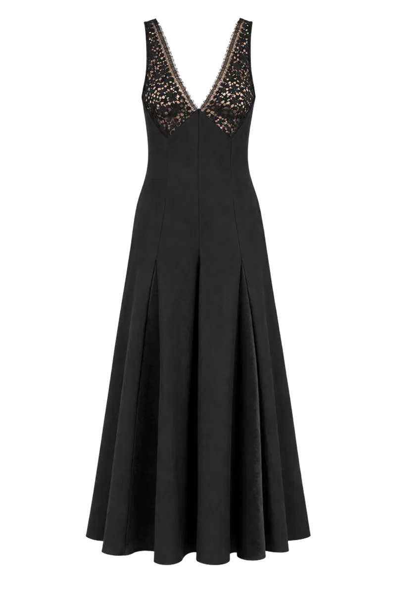 V-Neck Lace Detail Dress in Black