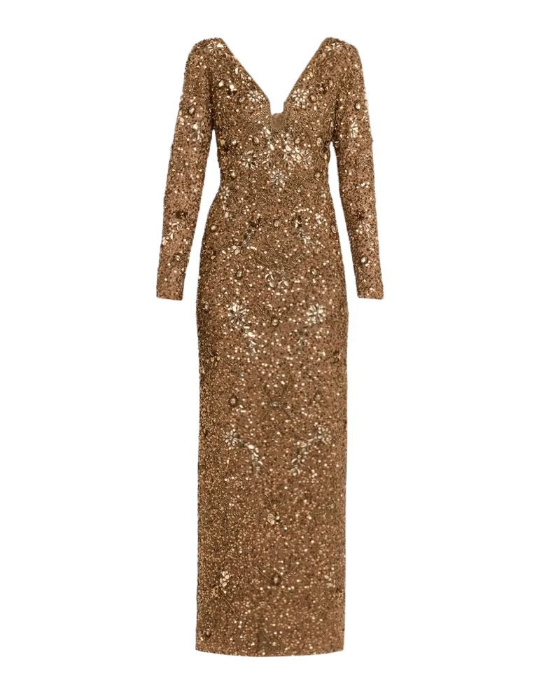 Beaded Mesh-Inset Column Gown