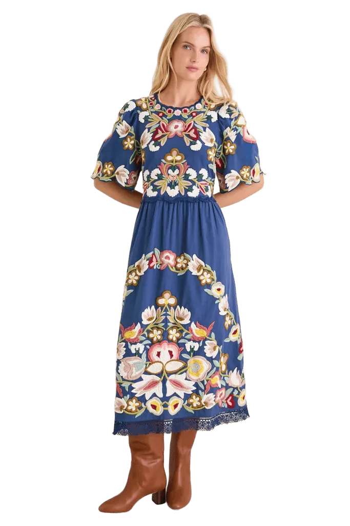 Blue Wilhelmina Embroidery Short Sleeve Midi Dress