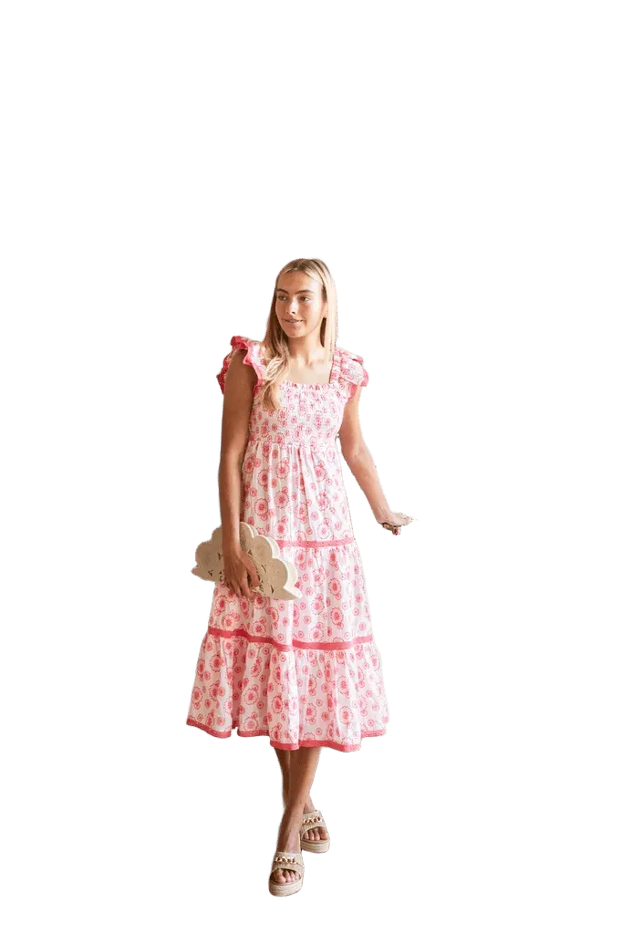 Blush & Coral Eyelet Flutter Sleeve Smocked Midi Dress