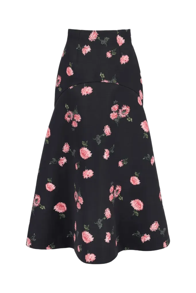 Tamilla Skirt in Pink Ditsy Chrysanthemum on Black Taffeta Faille