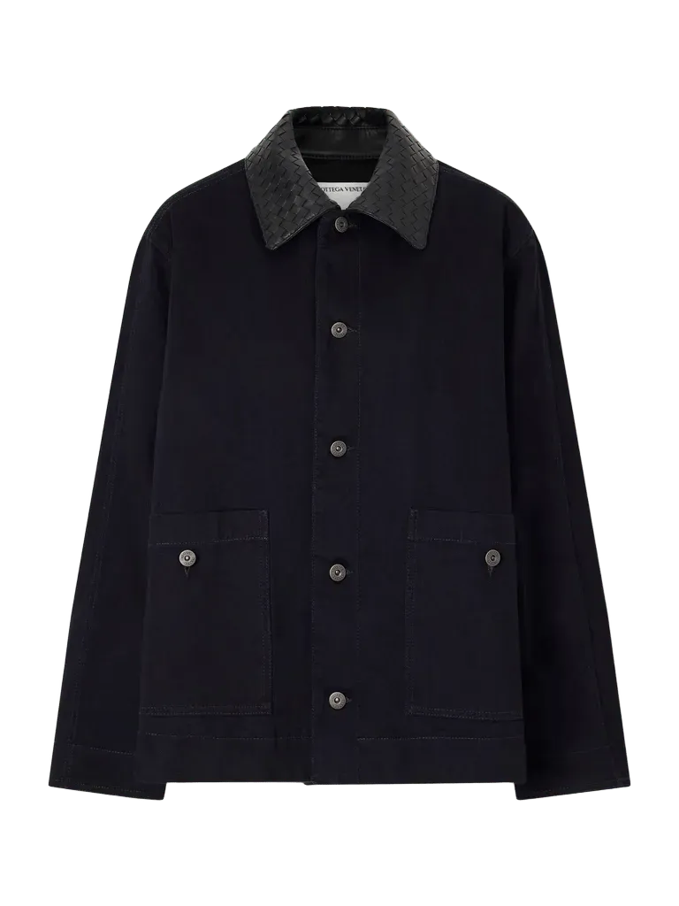 Intrecciato leather-trimmed denim jacket