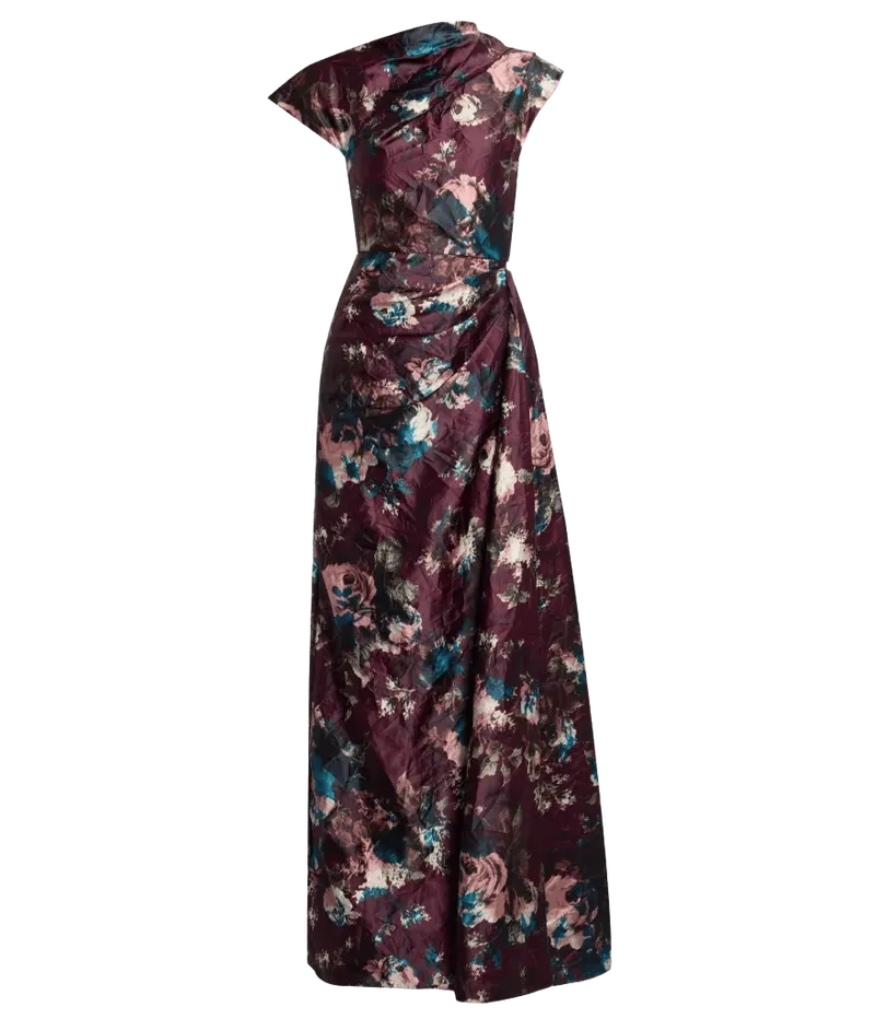Floral Textured Satin Short Sleeve Draped Gown
