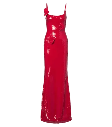 Floral-appliqué sequined gown
