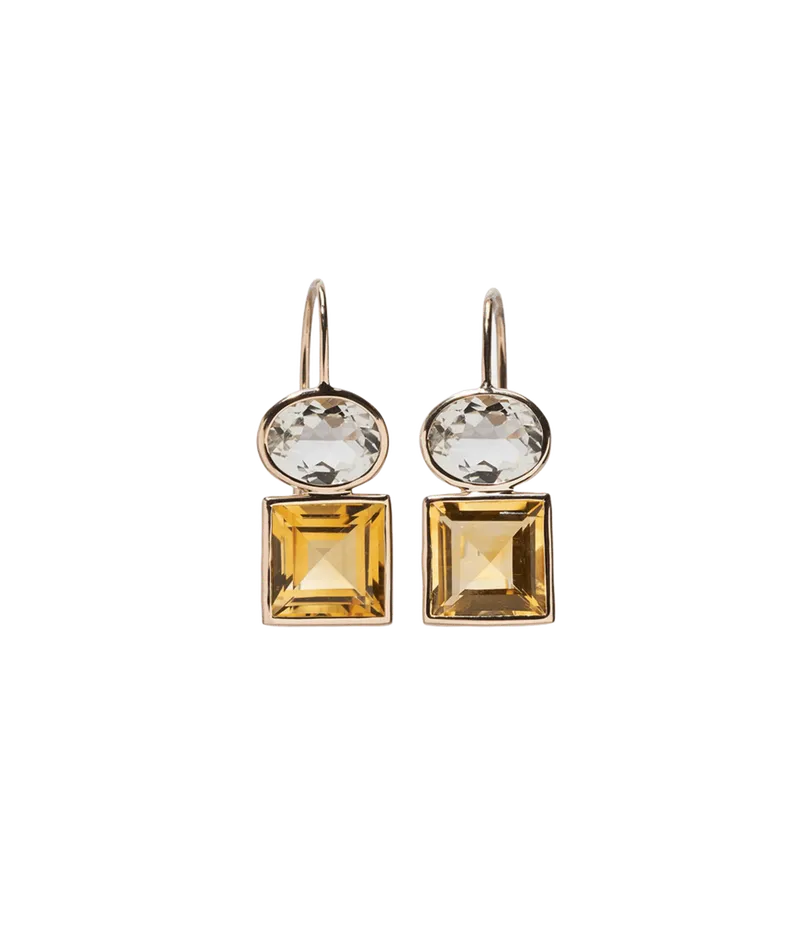 14k Gold Duo Earrings in Green Amethyst and Citrine