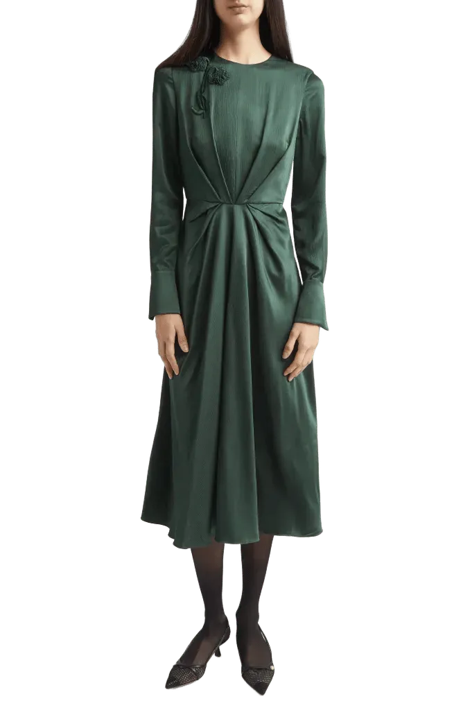 Embroidered Long Sleeve Satin Seersucker Midi Dress