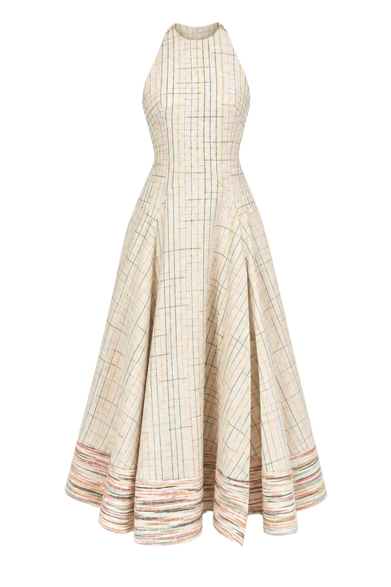 Full Sweep Halter Dress in Spaced-Dyed Check Silk