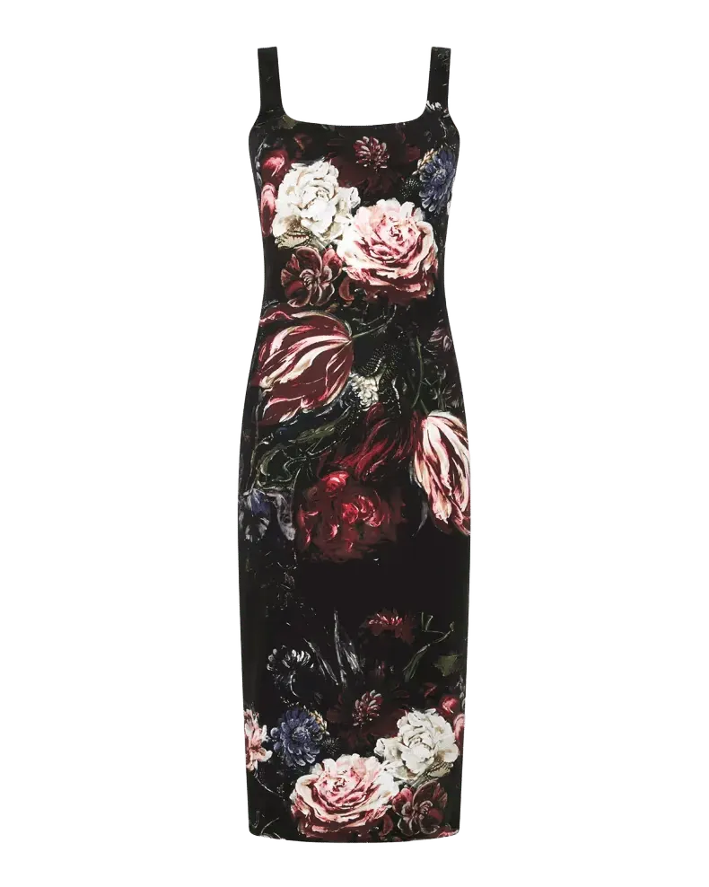 Sleeveless Floral Bouquet Stretch Jersey Midi Dress
