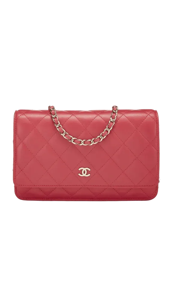 Chanel Red Lambskin Classic Quilted Wallet On Chain