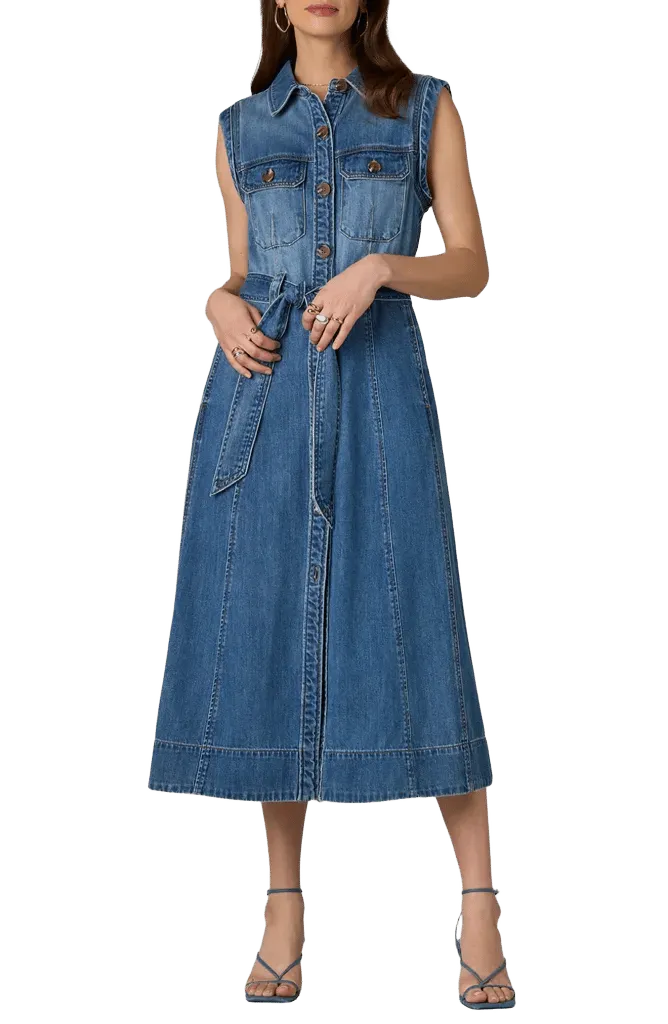 Sleeveless Tie Belt Cotton Denim Shirtdress