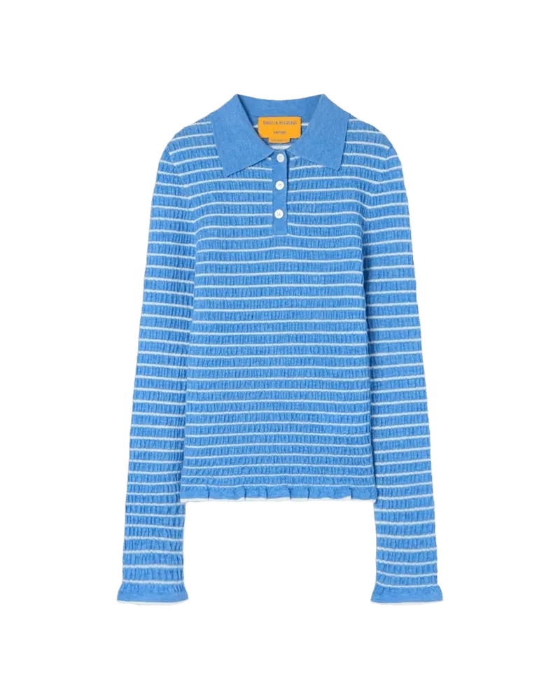 Smocked L/S Shrunken Polo - Delft Blue/Cream