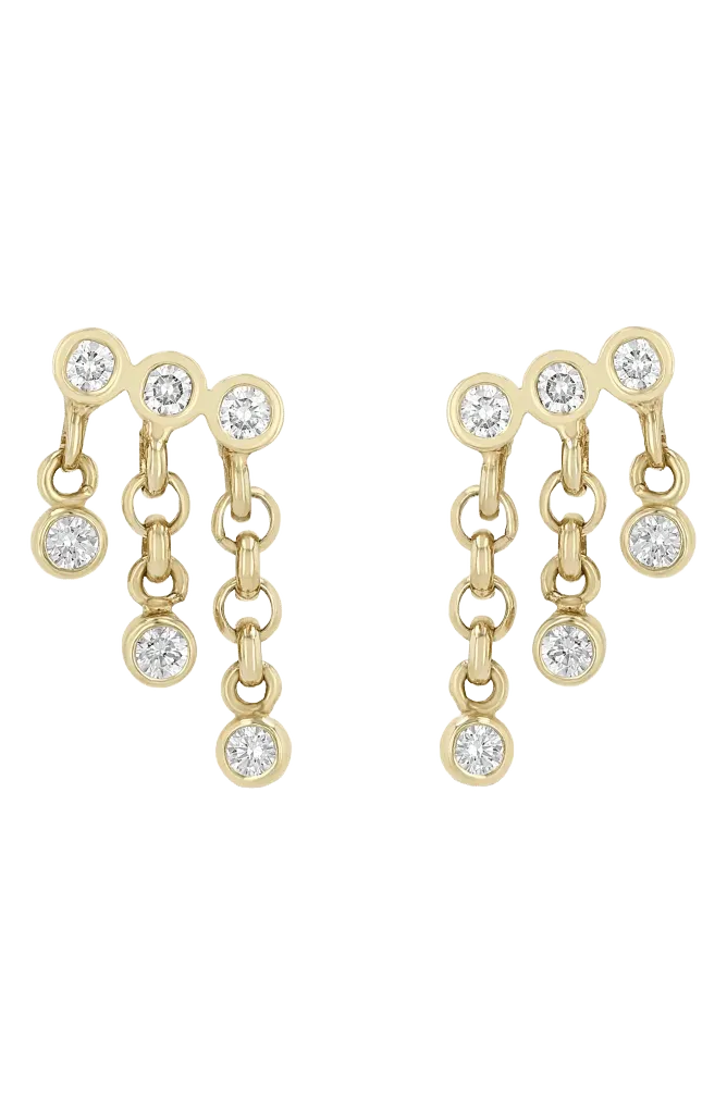 Bezel Diamonds 14k Gold Waterfall Earrings