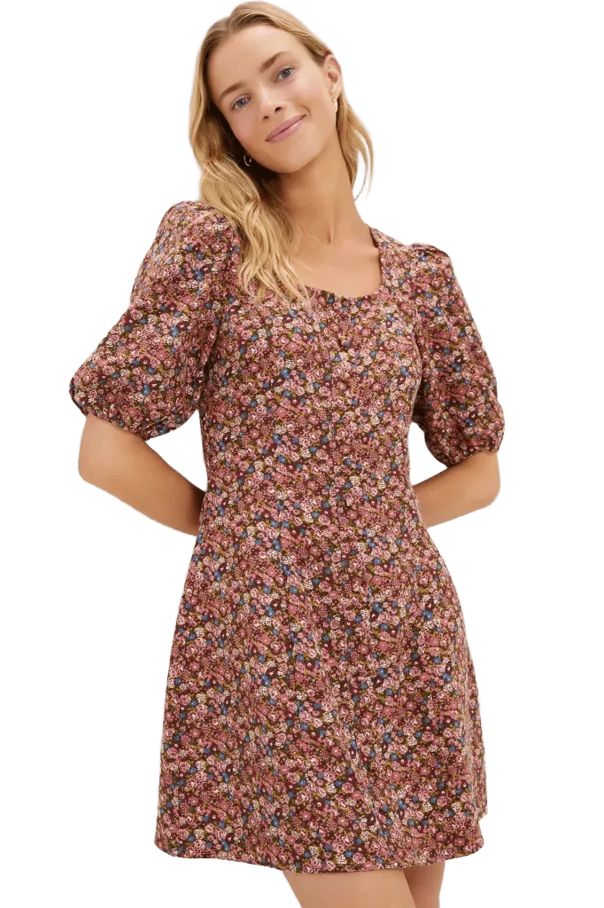 Mauve Ditsy Floral Button Front Corduroy Bryant Mini Dress