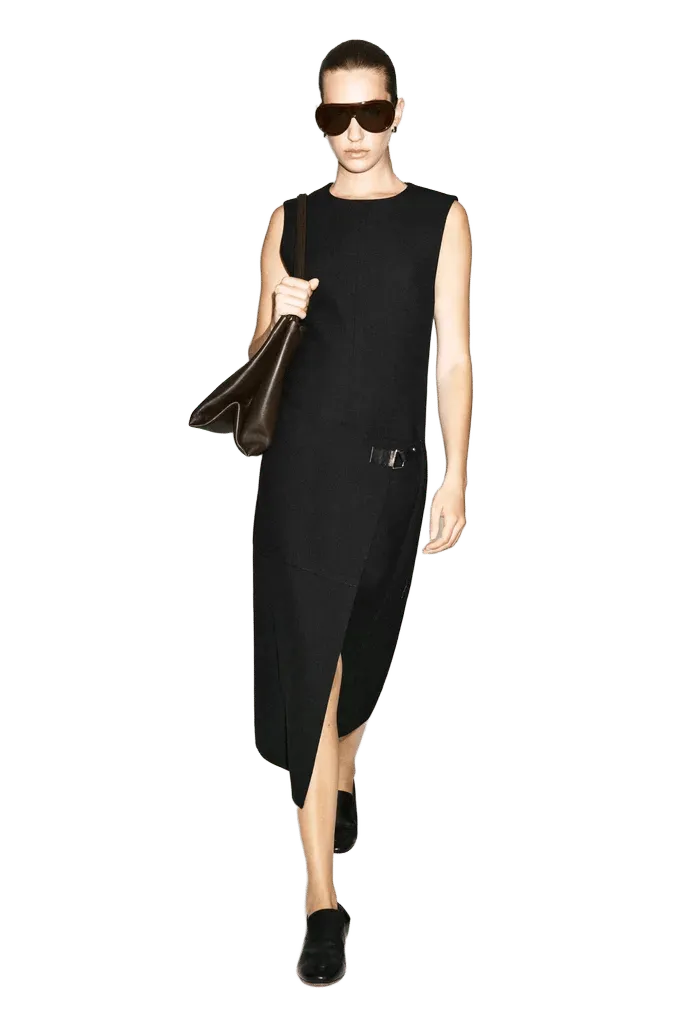 BELT-DETAIL DOUBLE-FACED WOOL MIDI DRESS