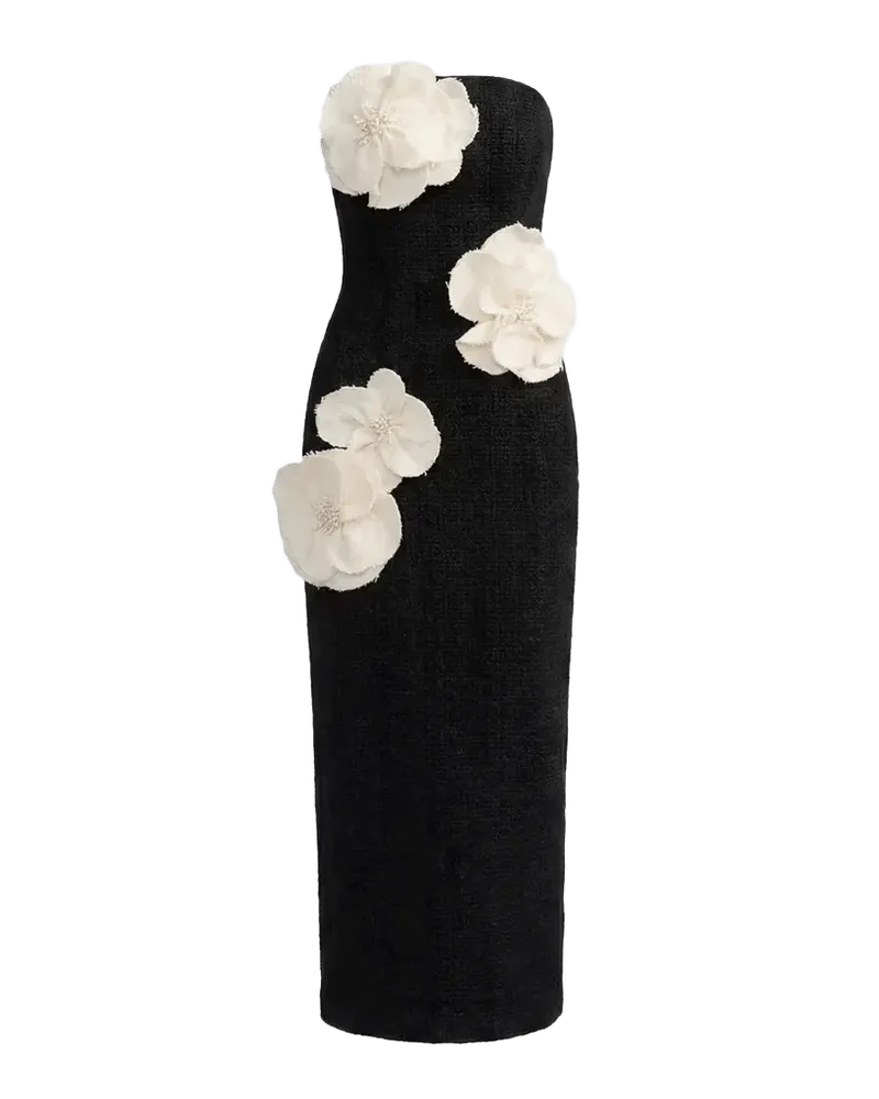 Floral Appliqué Bouclé Strapless Midi Dress
