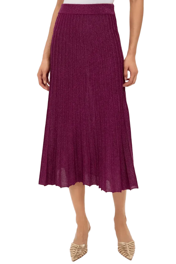 Plum Shimmer Knit Pleated Arion Midi Skirt
