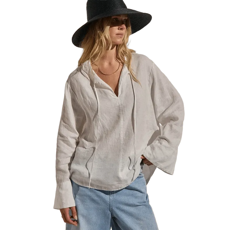 Linen Tie Front Tunic Top - White